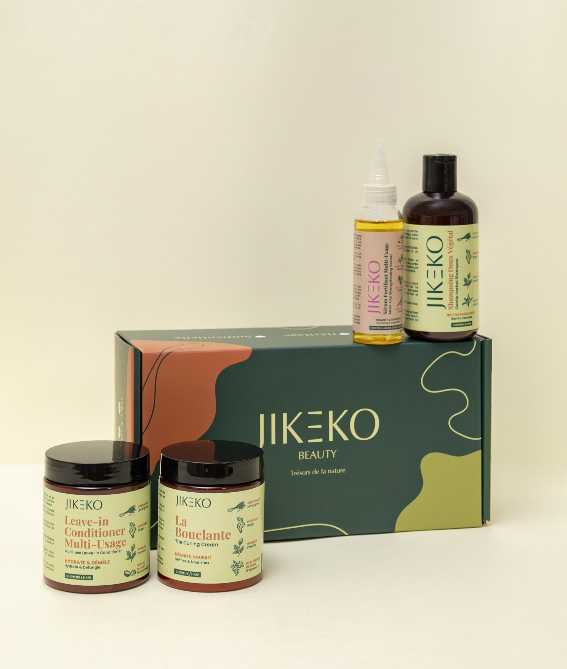 Box Routine Définition & Brillance JIKEKO Beauty : shampoing doux végétal, leave-in conditioner, La Bouclante et sérum fortifiant